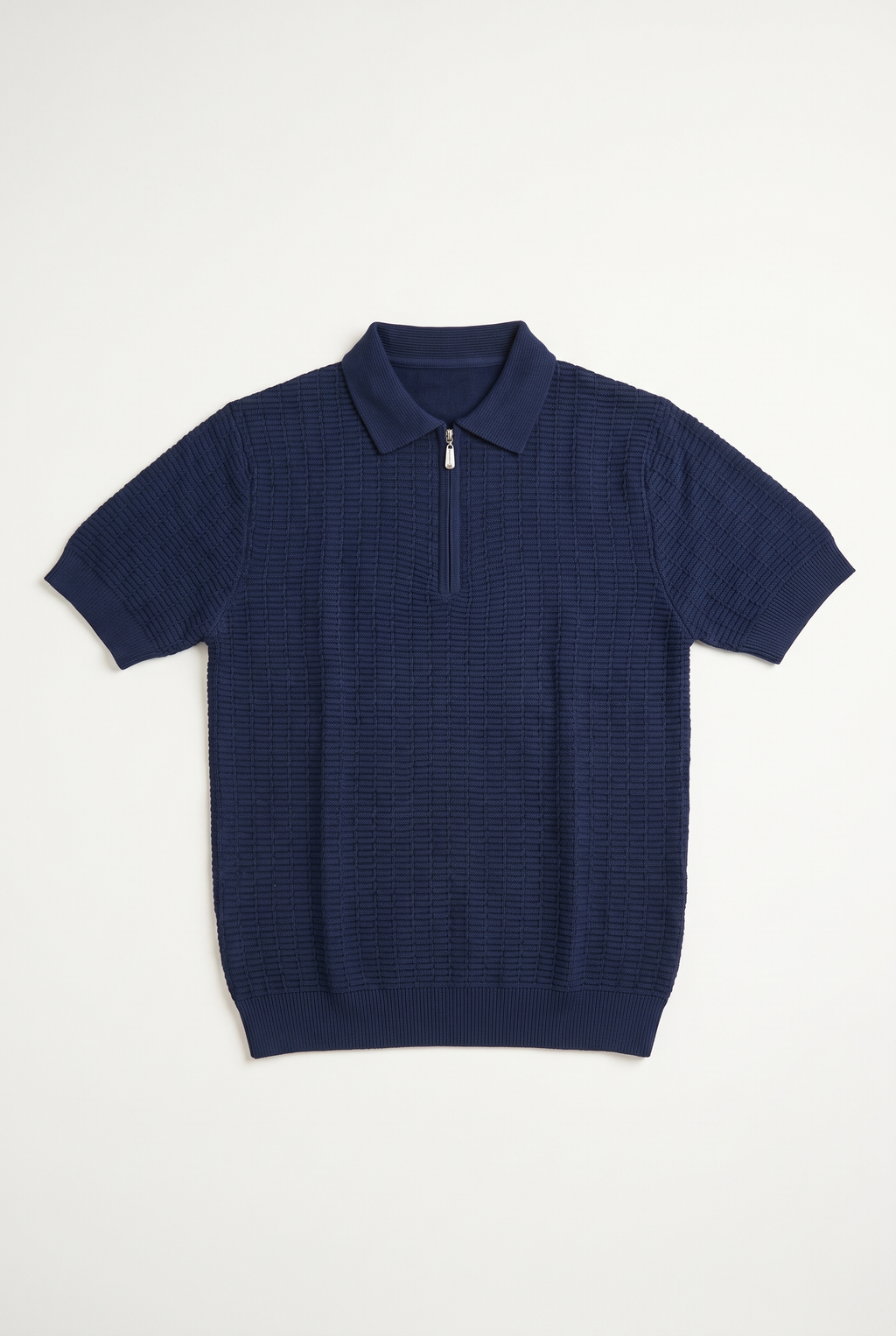 Navy Blue Textured Zip Knit Polo — front lay-flat