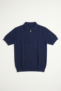 Navy Blue Textured Zip Knit Polo — front lay-flat