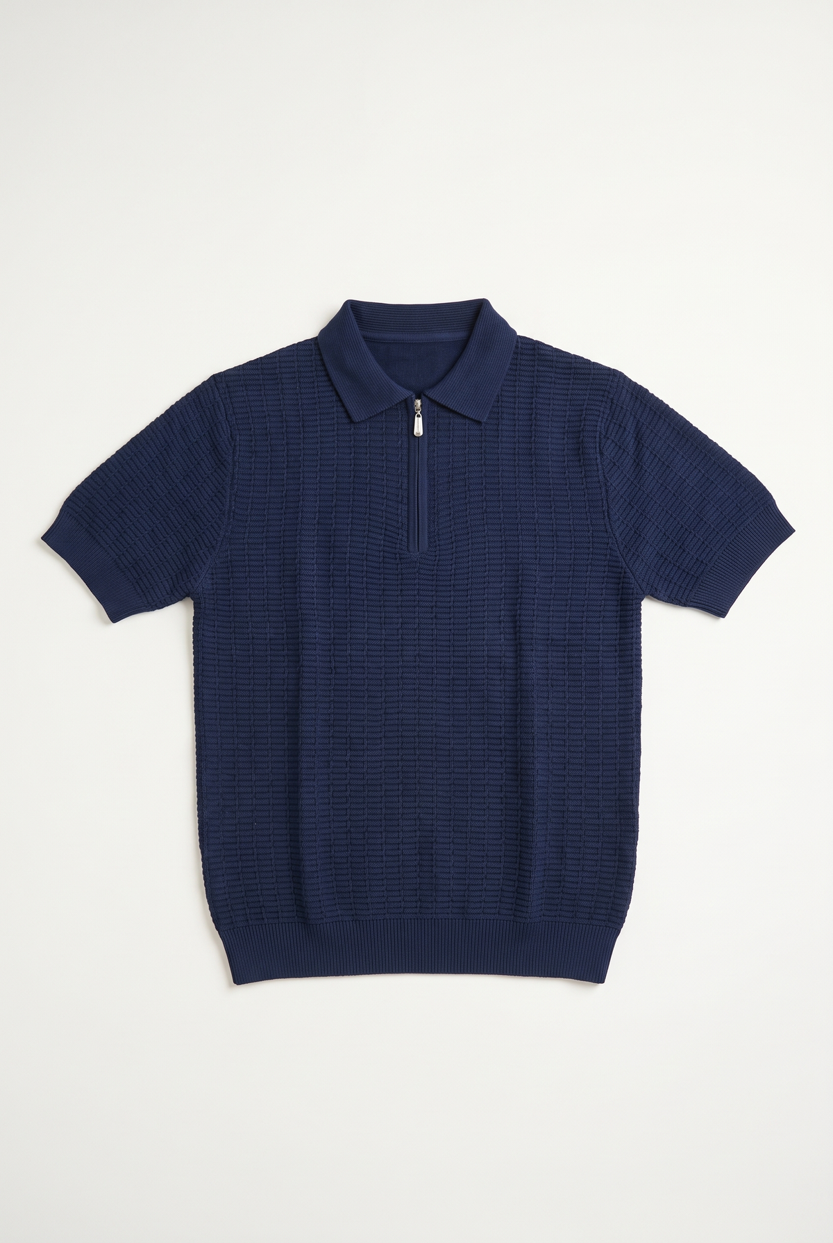 Navy Blue Textured Zip Knit Polo — front lay-flat