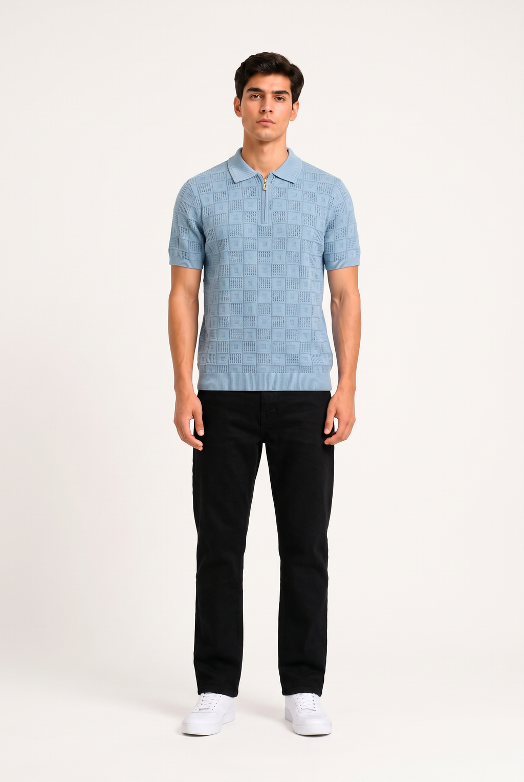 Knitted Polo T Shirt - Light Blue — model full body