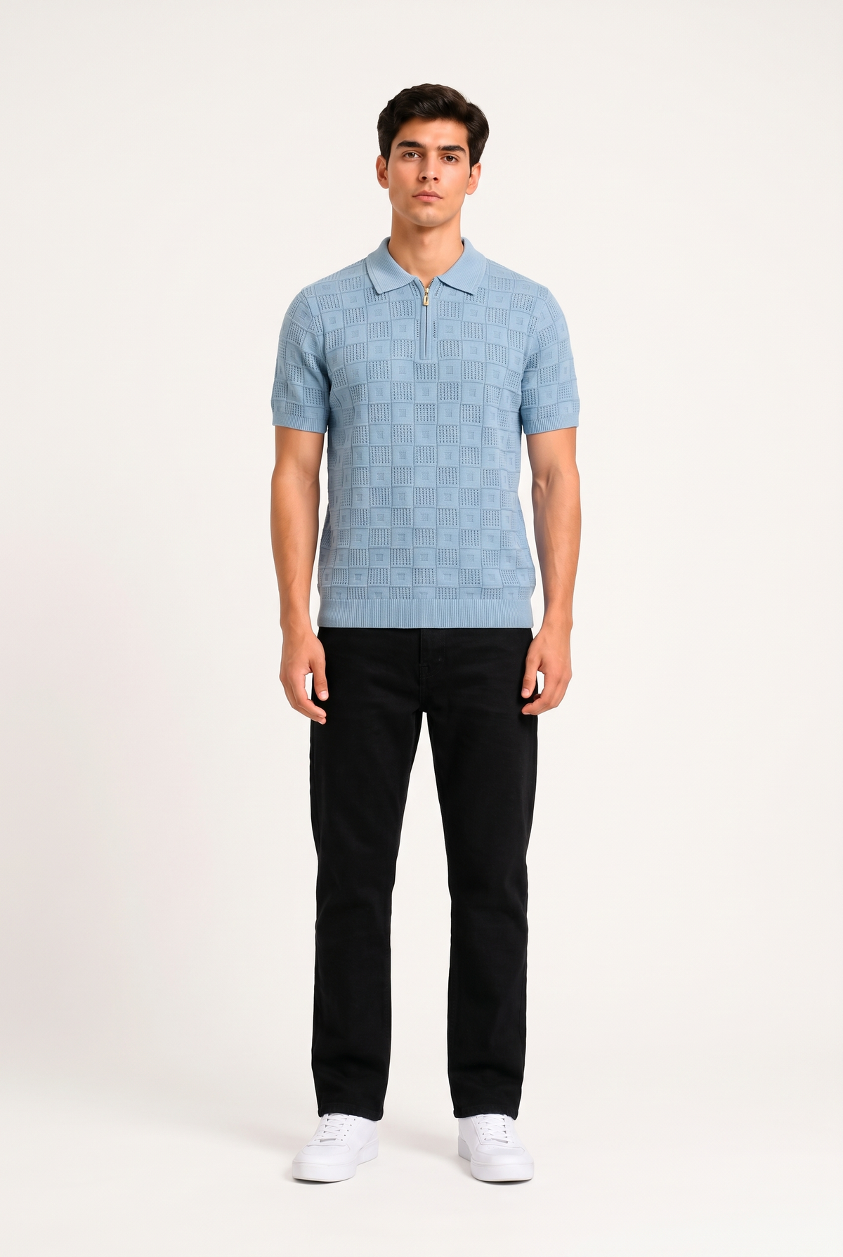 Knitted Polo T Shirt - Light Blue — model full body