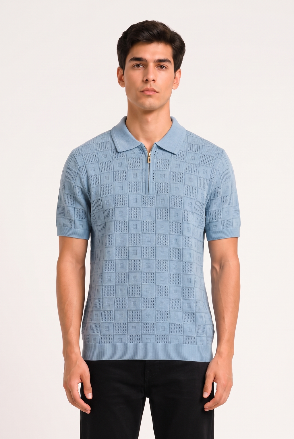 Knitted Polo T Shirt - Light Blue — model front