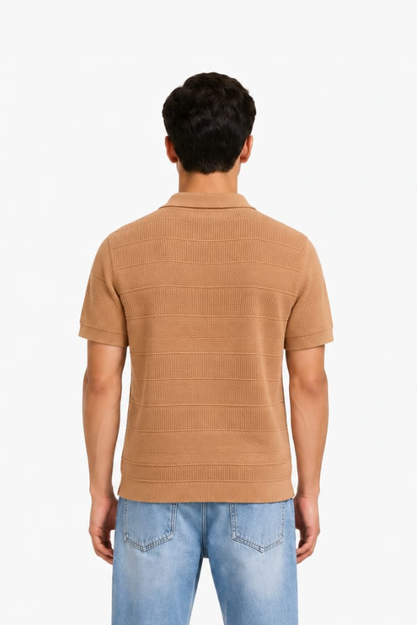 Camel Ribbed Zip Knit Polo — model back