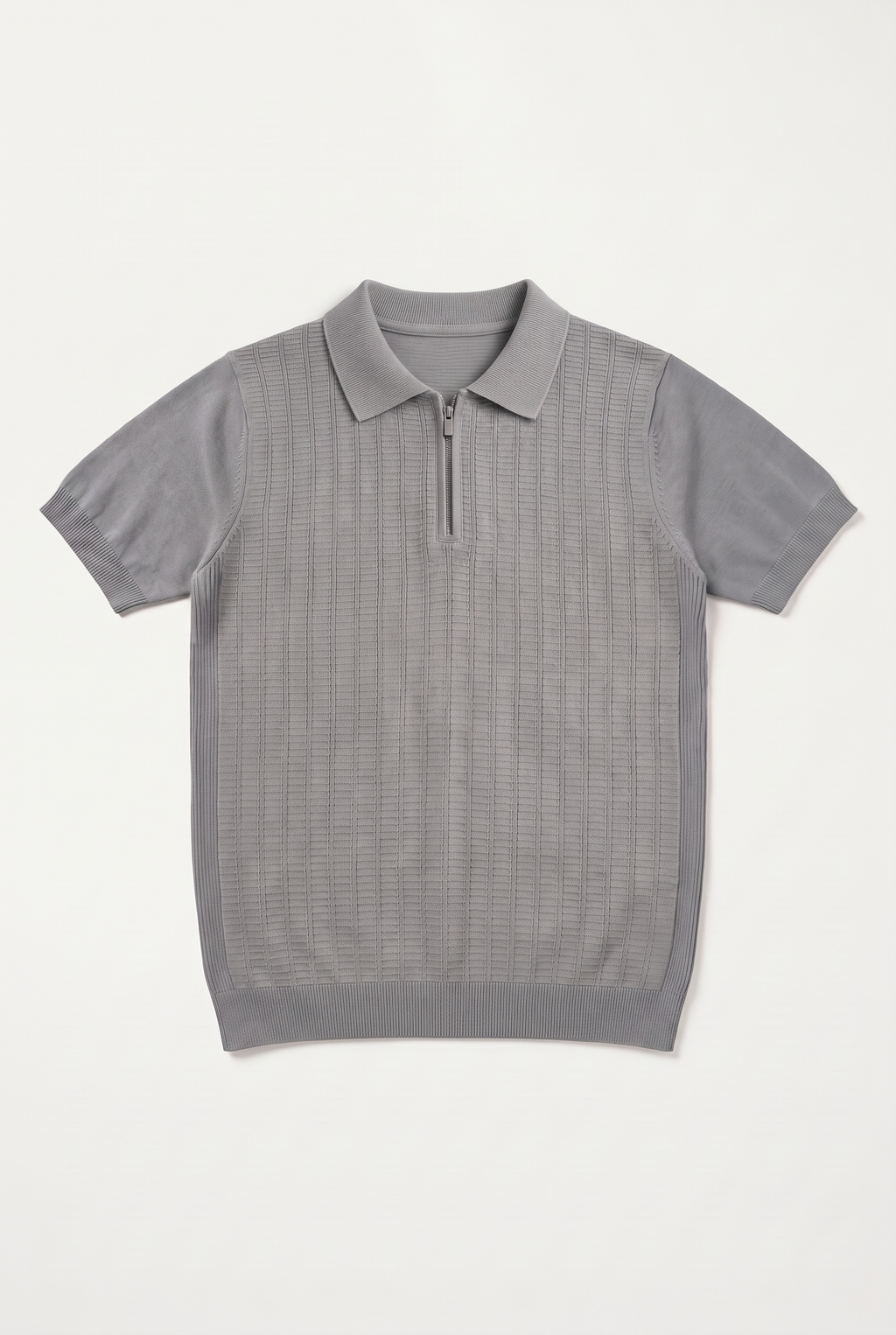 Waffle Textured Zip Knit Polo – Cool Grey — front lay-flat