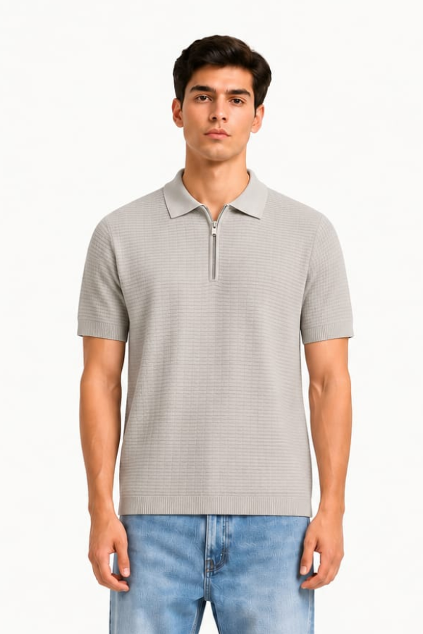 Waffle Textured Zip Knit Polo – Cool Grey — model front