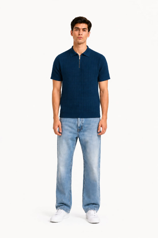 Navy Blue Textured Zip Knit Polo — model full body
