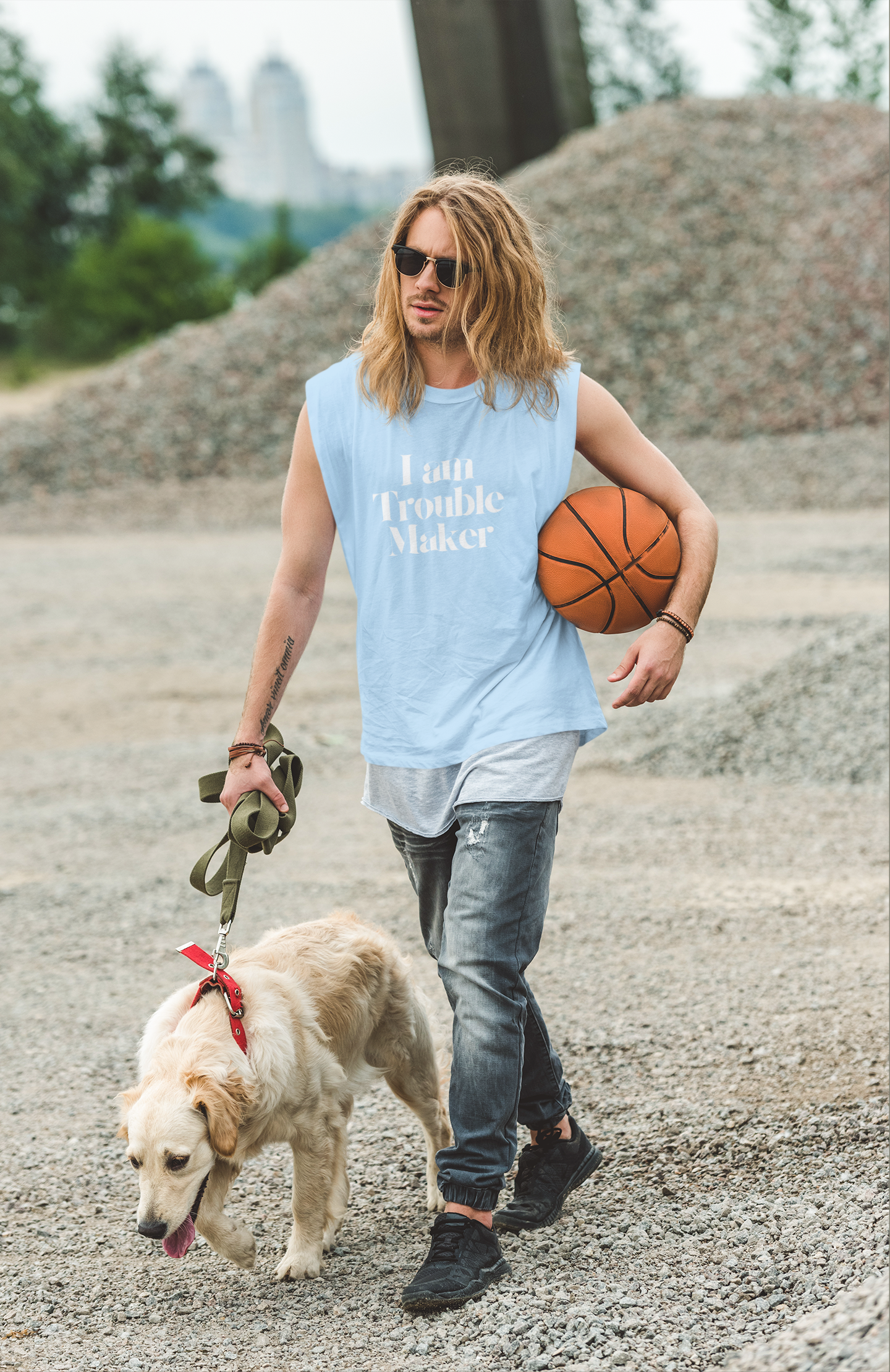 I Am Trouble Maker” Graphic Sleeveless Tank – Sky Blue